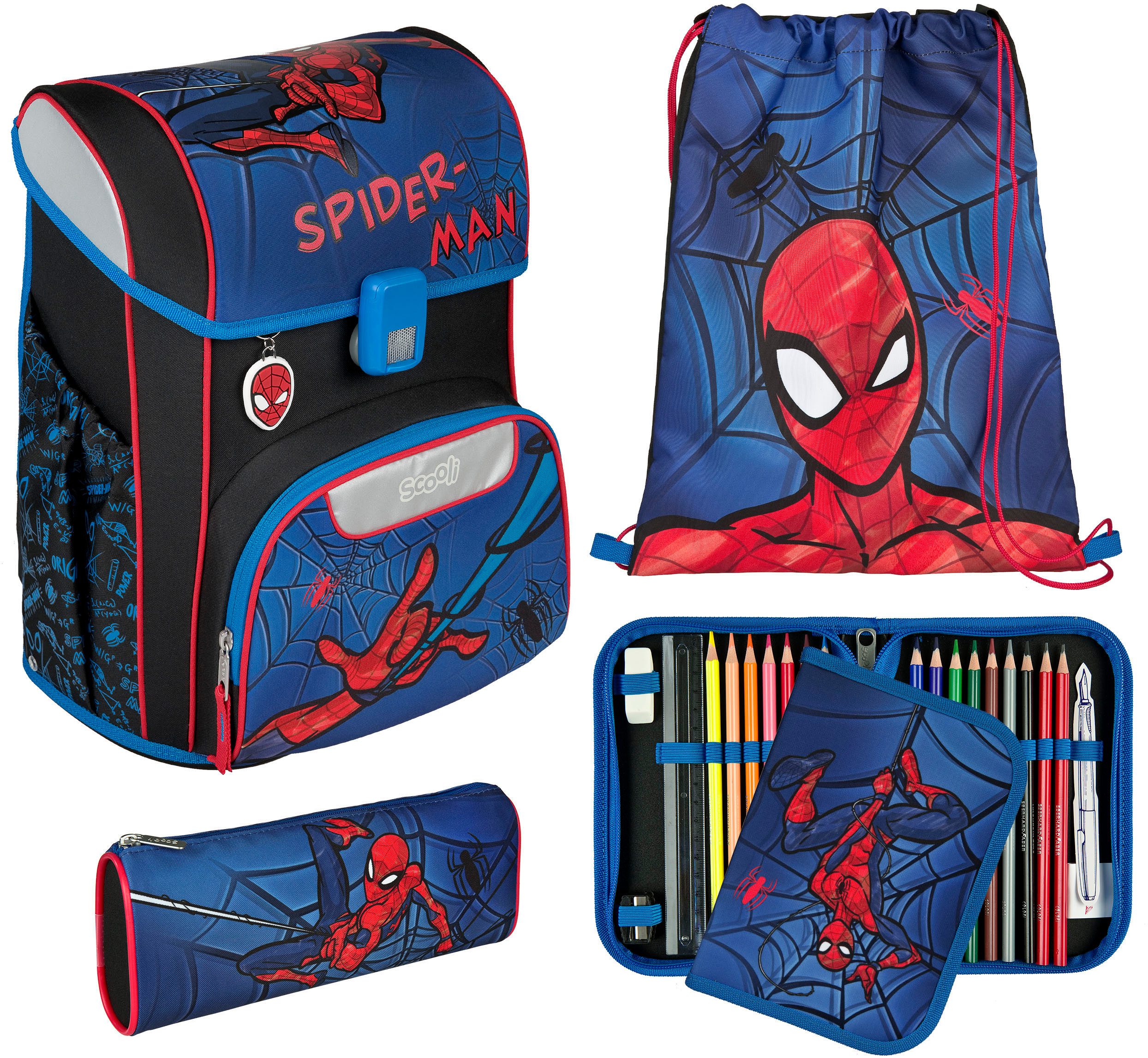 4-teiliges Schulranzen-Set – Spider-Design, Blau, Für Jungen, Mit Brustgurt